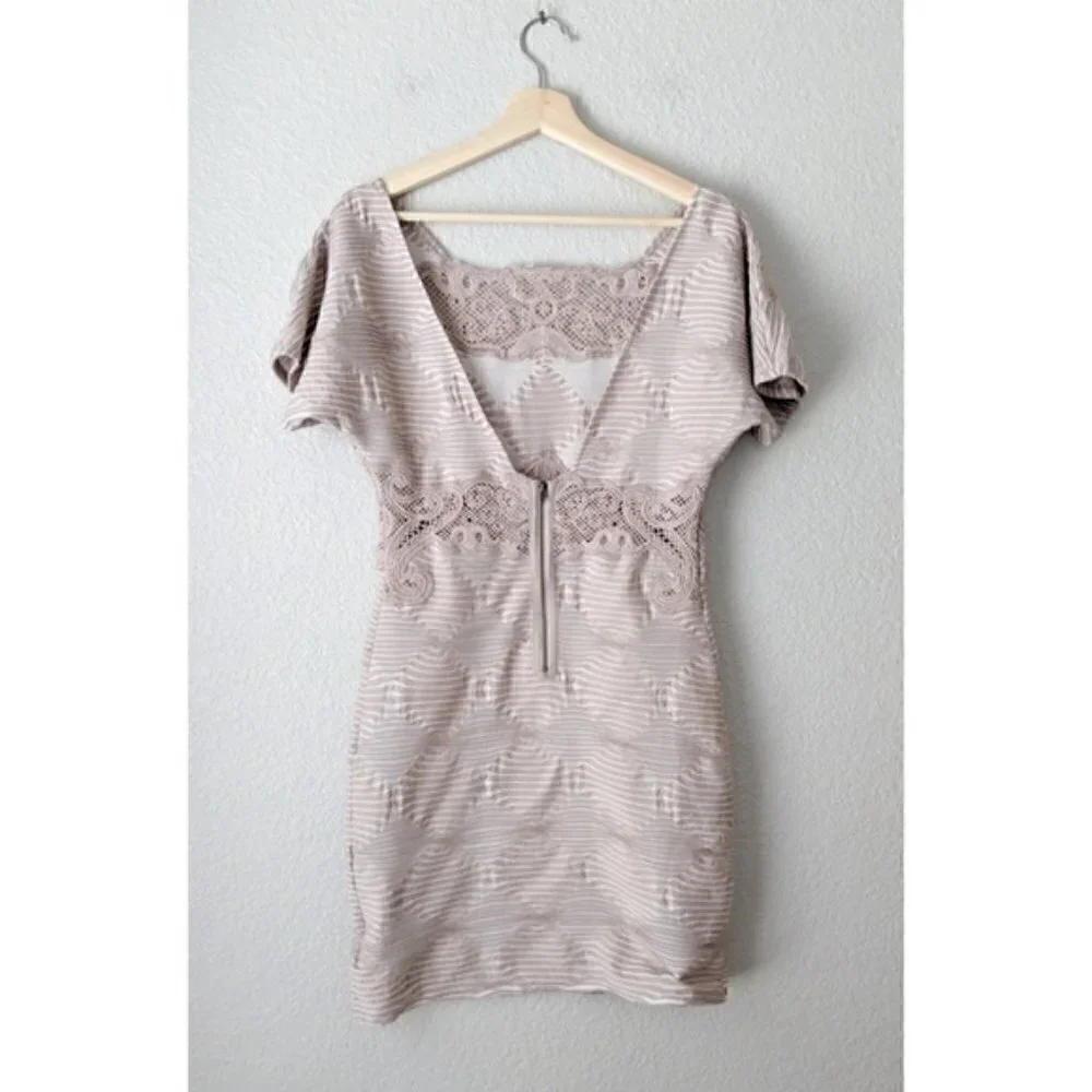 FREE PEOPLE New Romantics Mini Dress S Shift Crochet Cutout Neutral Minimalist - Picture 13 of 16